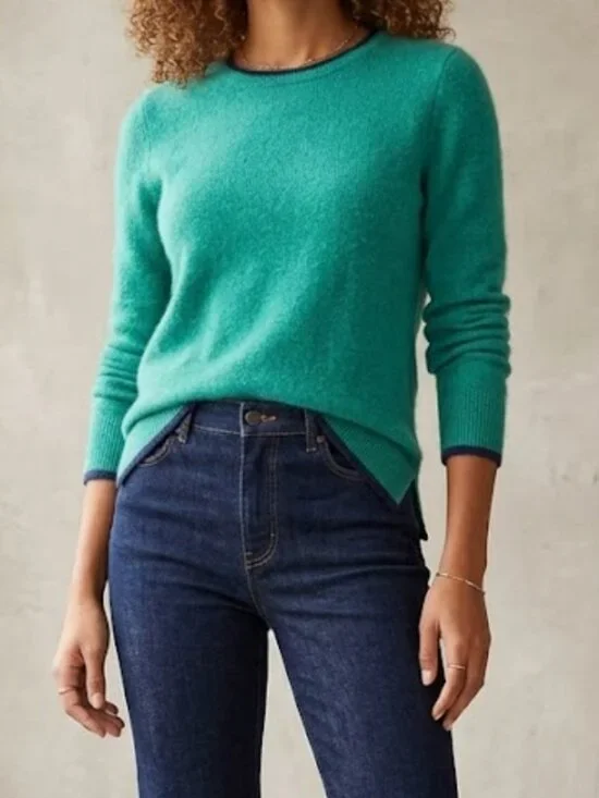 Ann Taylor Green Knit Cashmere Sweater Size XL Lightweight Crewneck Soft Classic - Picture 1 of 6